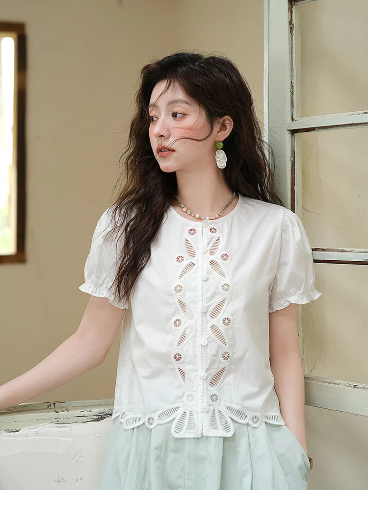 MISHOW 100% Cotton Hollow Embroidery Round Neck Puff Sleeve MXE39X1938