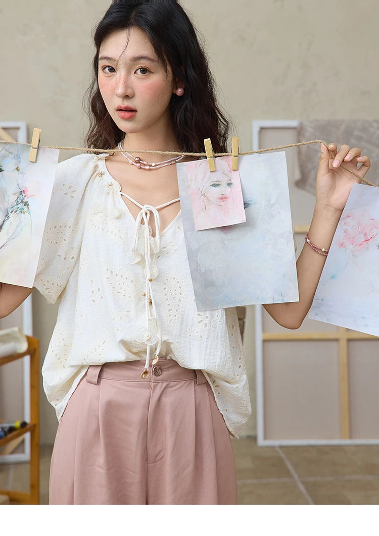 MISHOW Embroidery Jacquard Shirt V-Neck Lace Up Puff Sleeve MXE35X1790