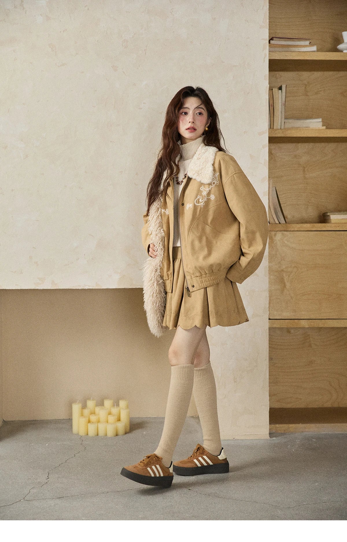 Mishow French Yellow Floral Embroidered Plush Zip-Up Coat MXE87W0932