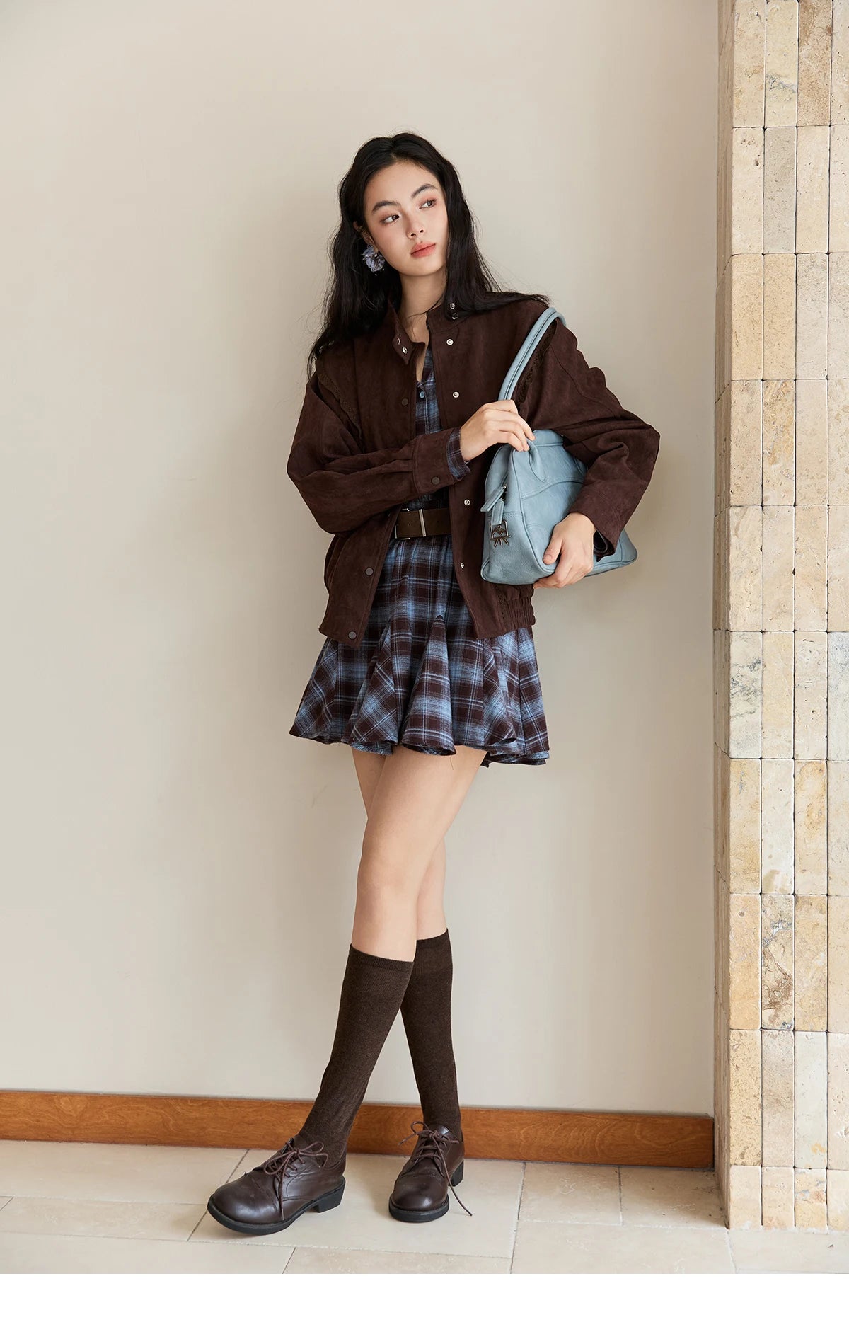 Mishow Blue Plaid Turn-Down Collar Belt Dress MXE48L2525