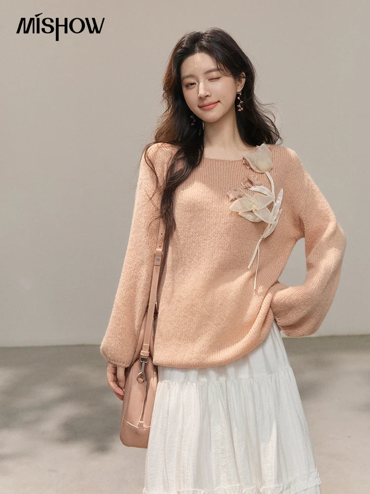 Mishow Pinkish Beige 3D Floral Applique Crew Neck Sweater MXE47Z2649