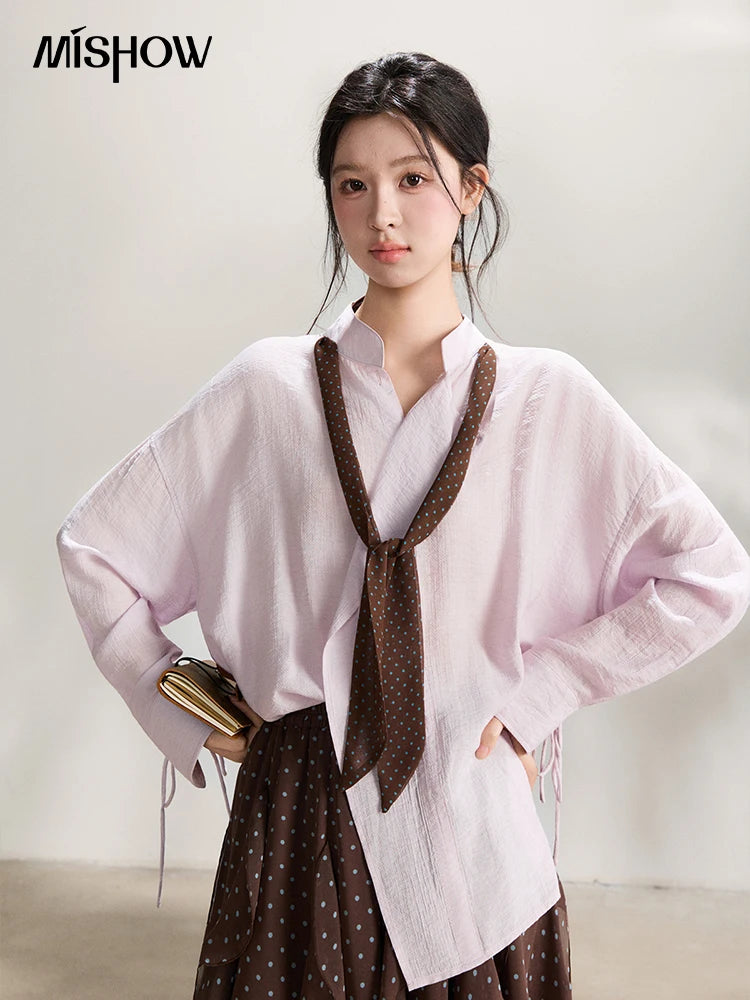 MISHOW Women's Asymmetric V-Neck Shirt Polka Dot Ribbon Tie Cuffs MXF108X1002