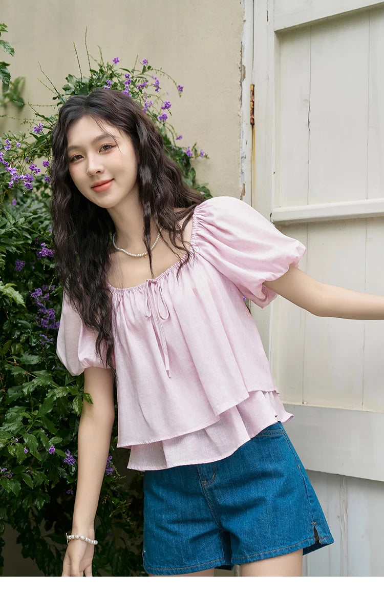 MISHOW Square Neck Blouse Tied Lantern Sleeve Double Layered Hem MXD26X1551