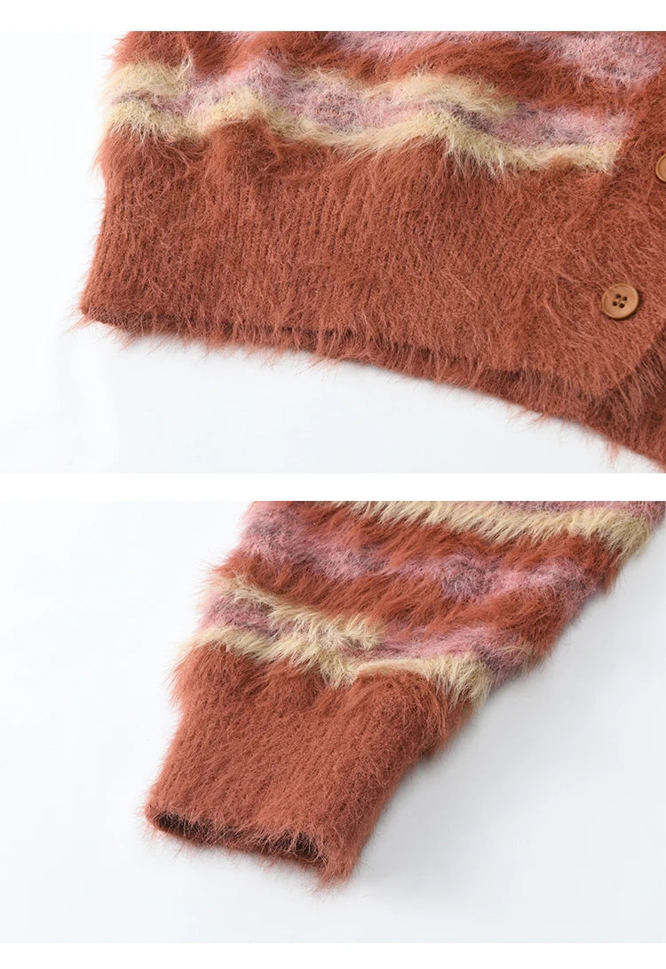Mishow Red Striped Faux Mink Fur Stand Collar Cardigan MXD59Z1005