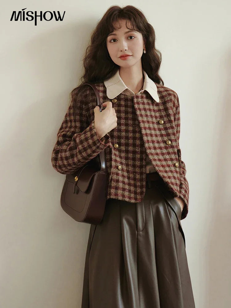 Mishow Vintage French Crop Plaid Woolen Top MXC48W0175