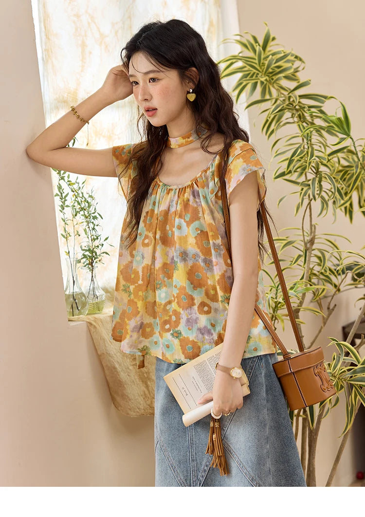 MISHOW Cotton Citrus Oil Painting Blouse Flying Sleeve MXE36X1872