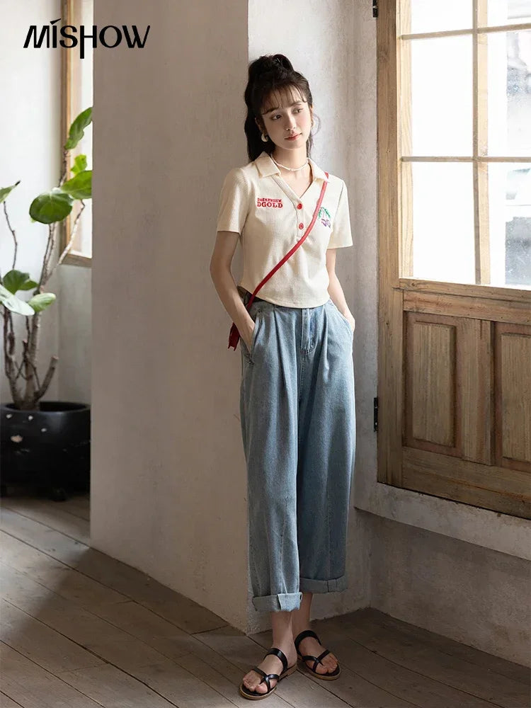 Mishow Korean Polo Collar Embroidery Letter Tee MXB32T0477