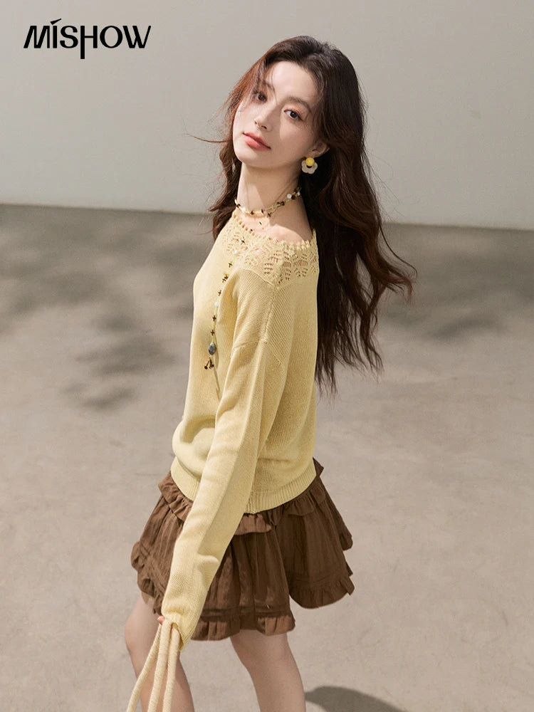 Mishow Yellow Hollow Lace Trim Boat Neck Sweater MXF15Z3050