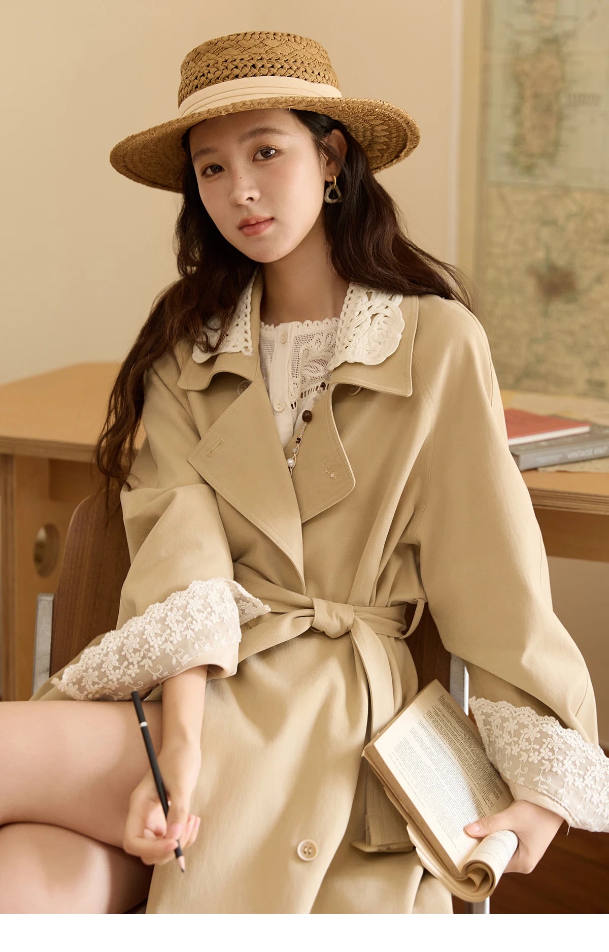 Mishow Light Khaki Lace Long Trench Coat MXE45W0830