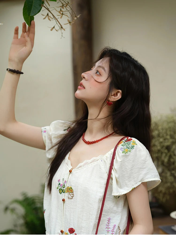 MISHOW Flower Embroidery Square Neck Lace Blouse MXE37X1895