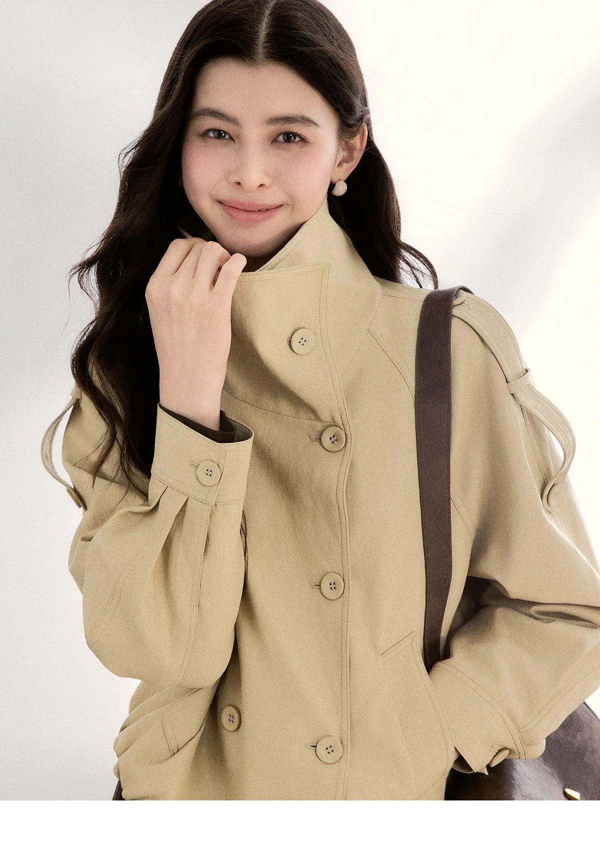 MISHOW Khaki Cropped Leather Jacket Lapel Stand Collar MXF108W1000