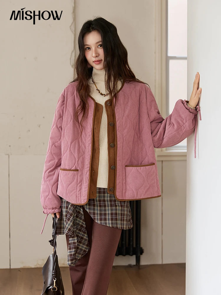 MISHOW Pink Purple Corduroy Jacket Gourd Pattern Splicing Suede MXE88W0882