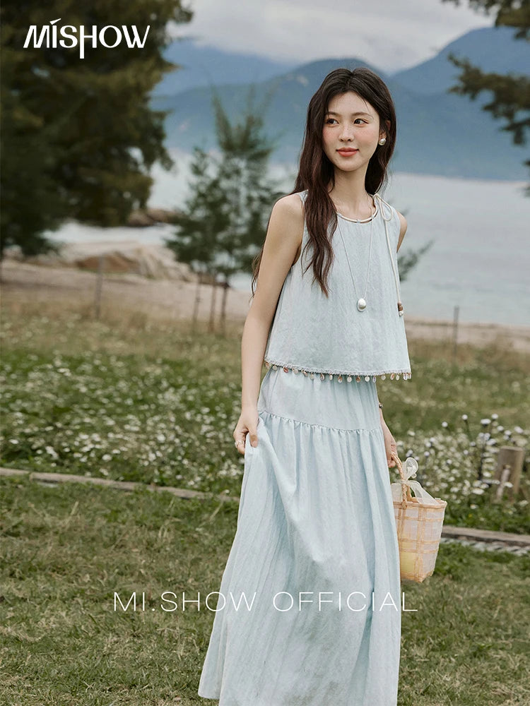 Mishow Sleeveless Round Neck Vest & Solid Midi Skirt Set MXE33T0526