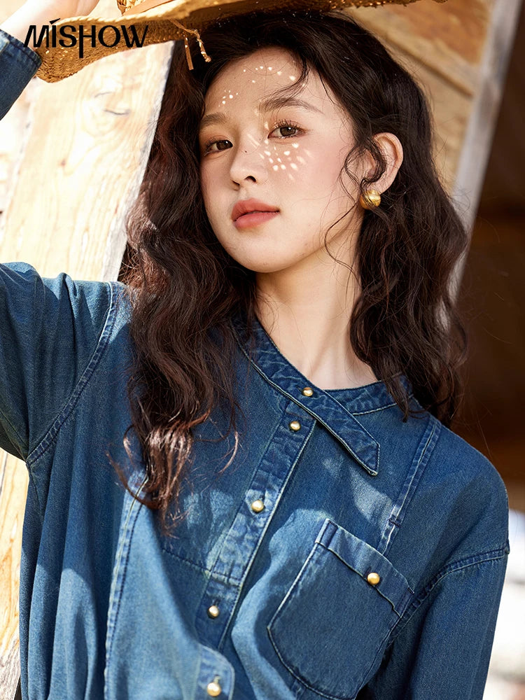 MISHOW 100% Cotton Denim Shirt O-Neck Loose Fit MXE12C0384