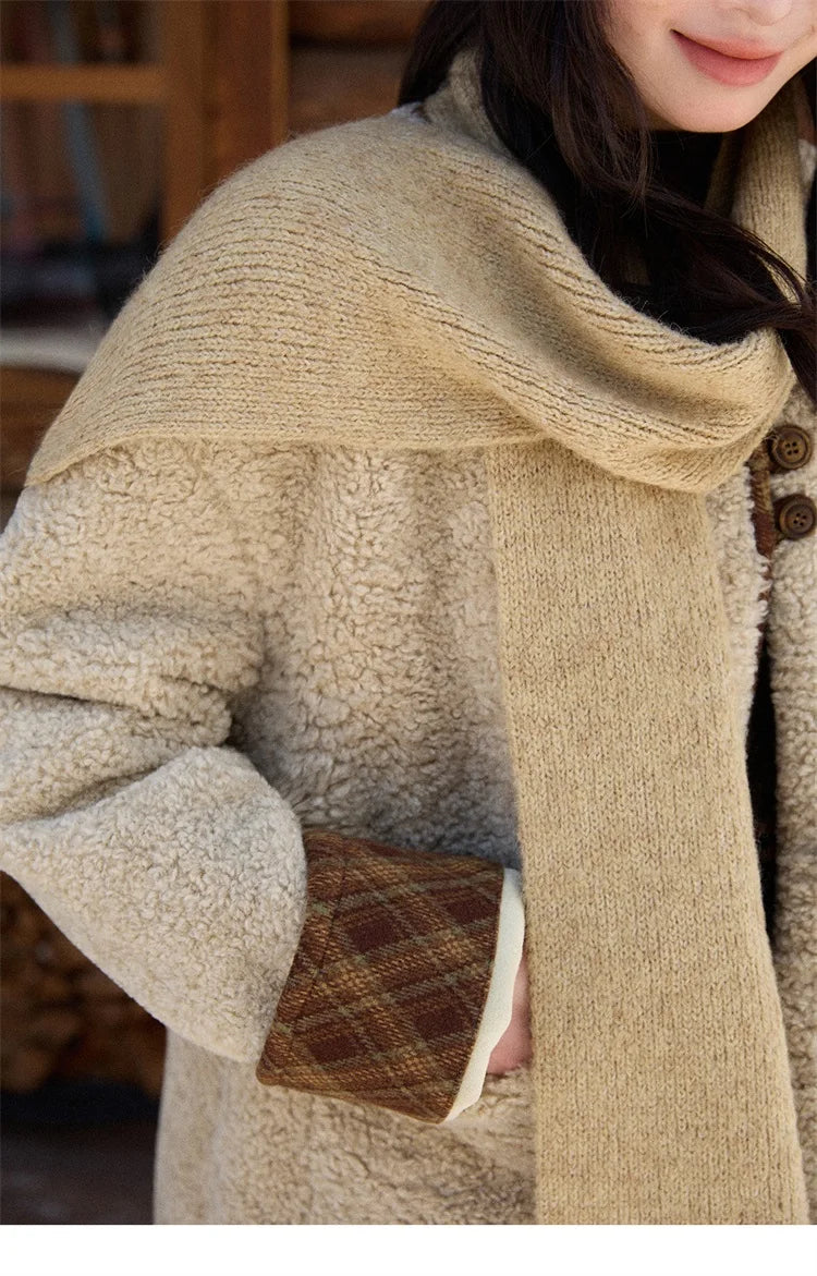 Mishow Plaid Patchwork Lamb Wool Round Neck Coat MXE90W0923