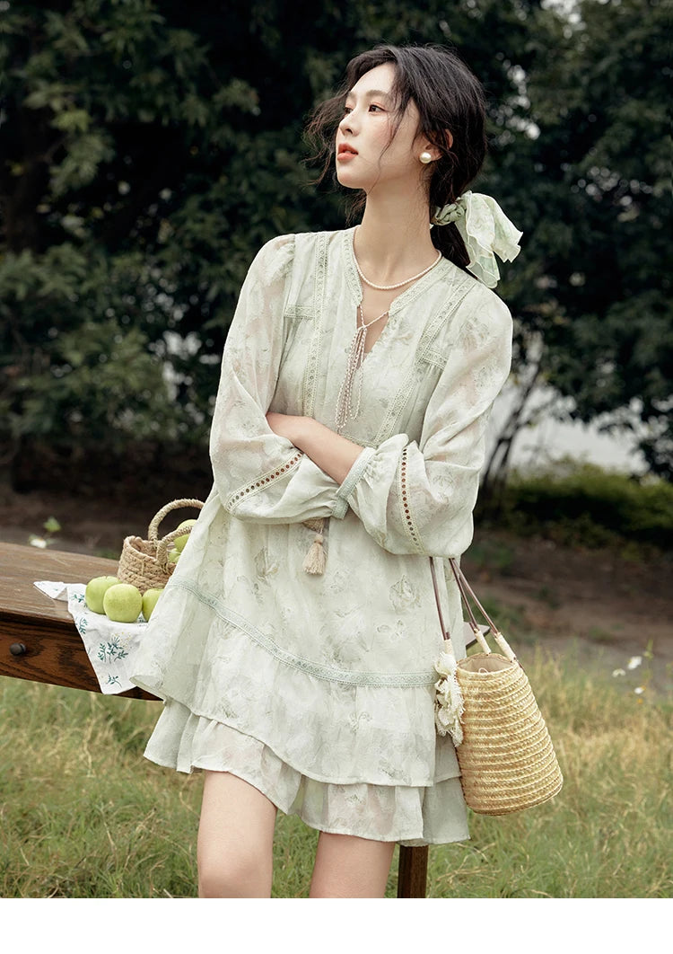Mishow Floral V-Neck Tassel Lantern Sleeve Dress MXE15L2121