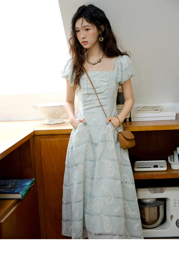 Mishow Paisley Embroidery Square Neck Puff Sleeve Dress MXE34L2265