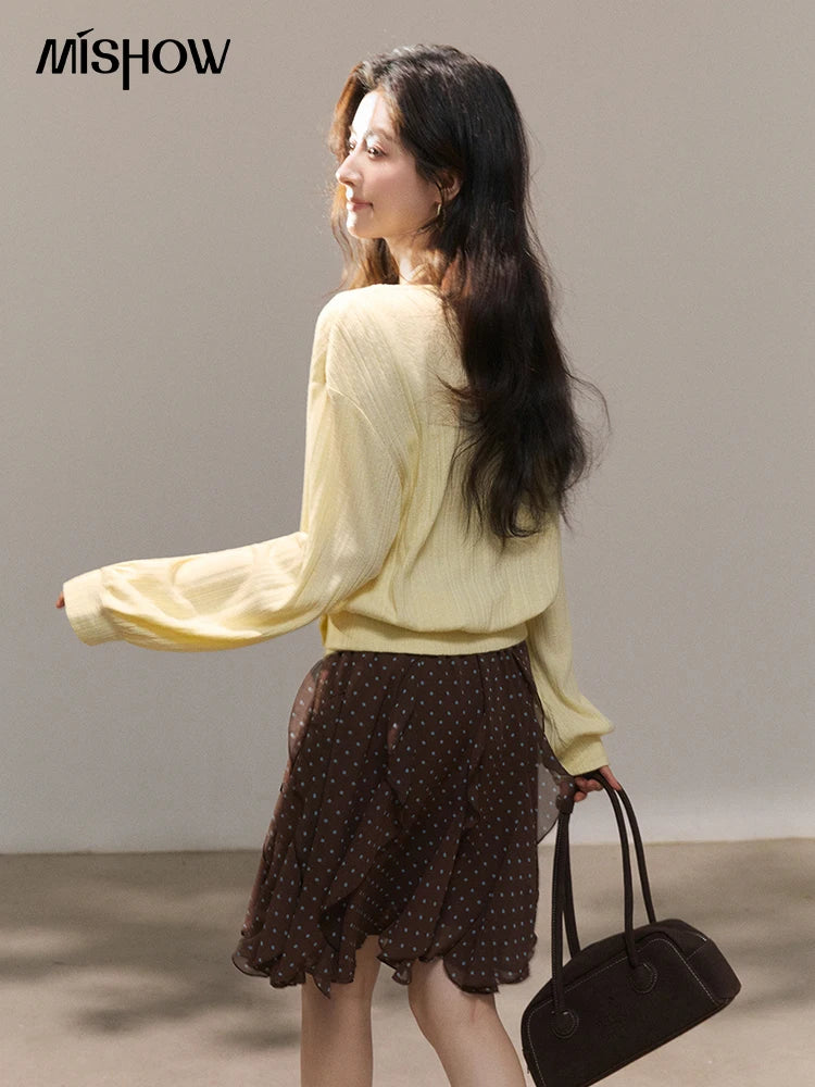 Mishow Lemon Yellow Lantern Sleeve Top & Lace Camisole Set MXF13T1513