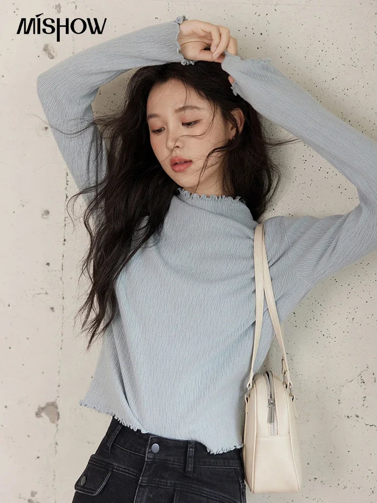 Mishow Ruffled Edge High Collar Slim Knit Top MXD48Z0850