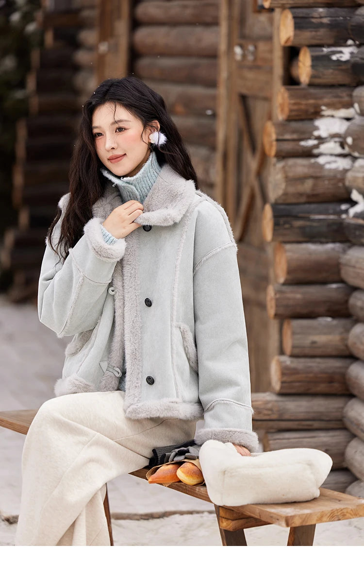 Mishow Suede Plush Fur Collar Jacket with Bag MXD57W0737