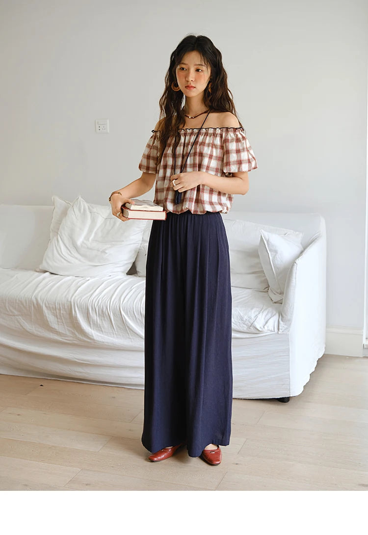 Mishow Retro Red Grid Puff Sleeve Top & Wide Leg Pants Set MXE37T0649