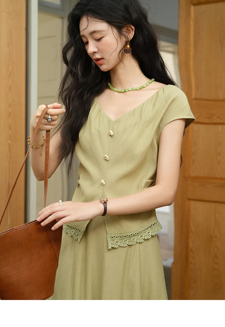 Mishow V-Neck Lace Hollow Top & Pocket A-Line Skirt Set MXE39T0665