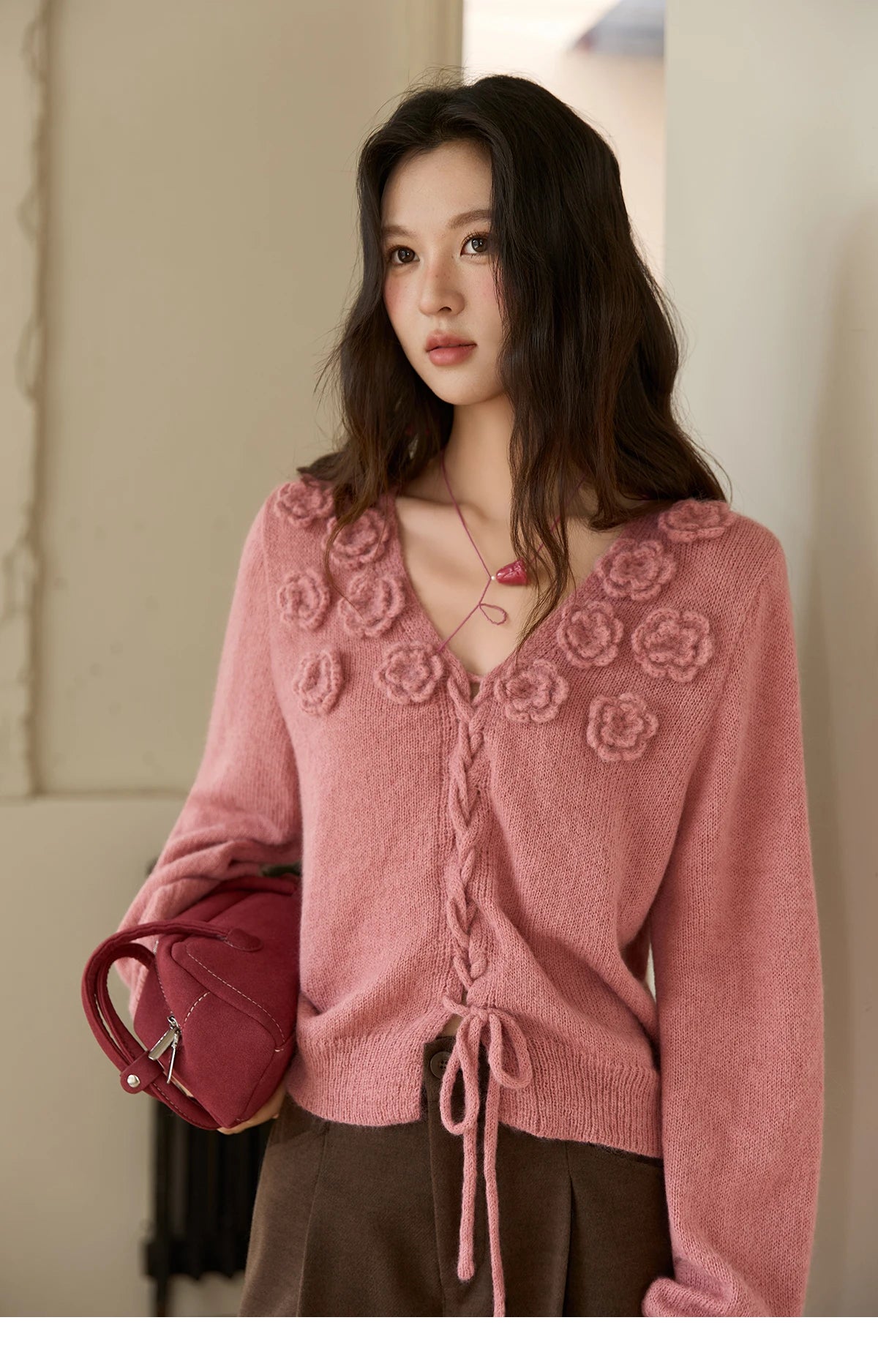 Mishow Pink 3D Rose V-Neck Loose Pullover MXE88Z2708