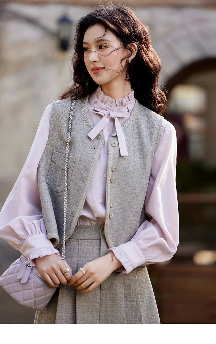 Mishow Korean Woolen Vest & Pleated Mini Skirt Set MXE13W0708