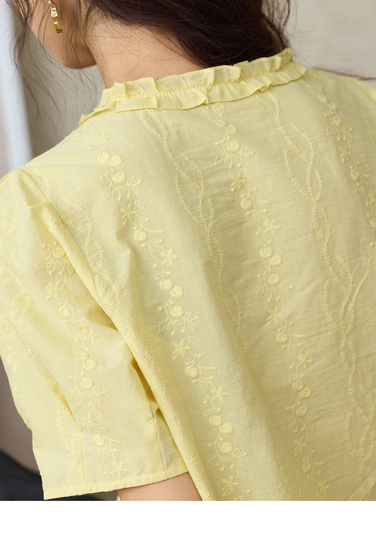 MISHOW 100% Cotton Puff Sleeve Shirt Round Neck Button MXE36X1873