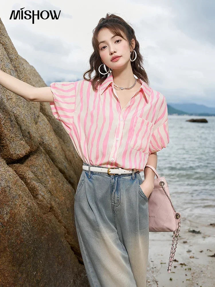 MISHOW Women's Striped Puff Sleeve Polo Neck Shirt MXC38C0072