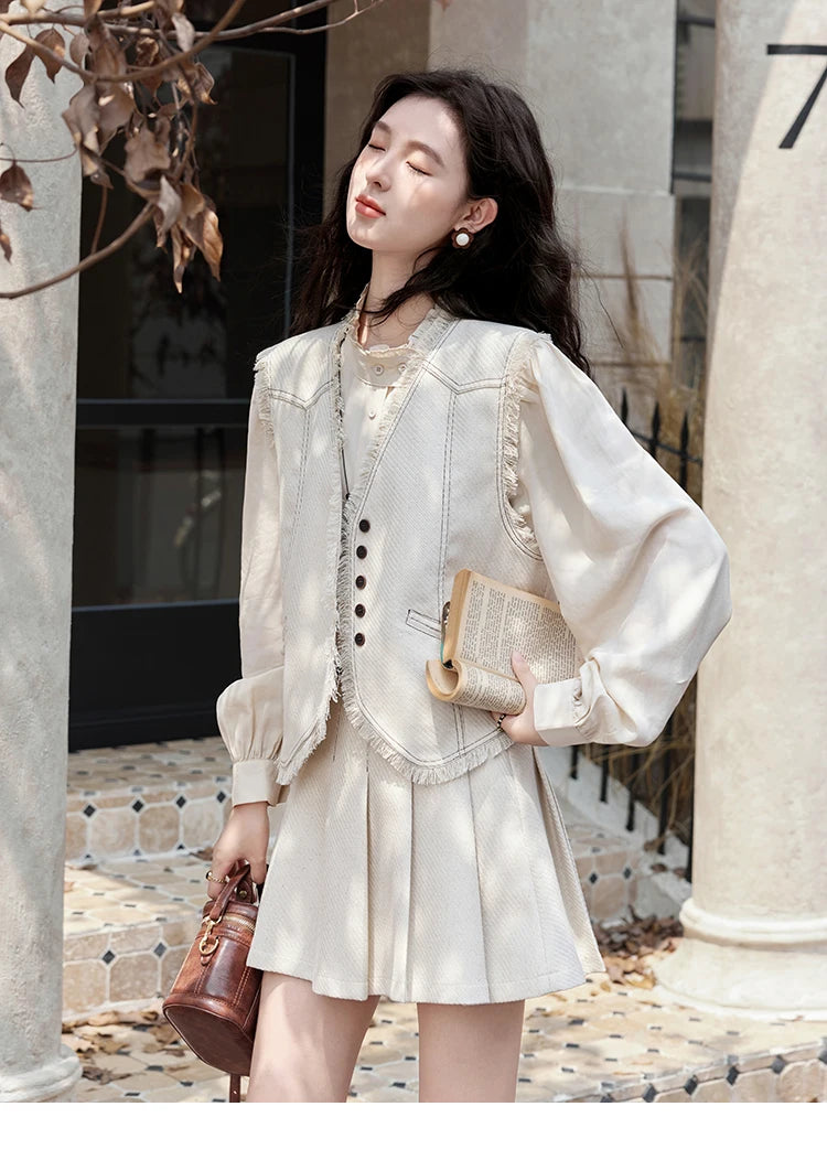Mishow French Apricot Stand Collar Shirt & Pleated Mini Skirt Set MXD48C0365