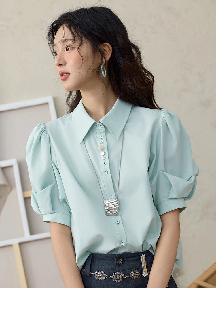 MISHOW Light Green Bubble Sleeve Shirt Lapel Collar Irregular Buttons MXE34C0788