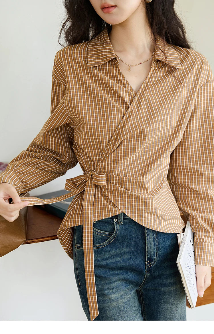 MISHOW Dark Orange Plaid Shirt Side Waist Lace-Up MXE46X2494