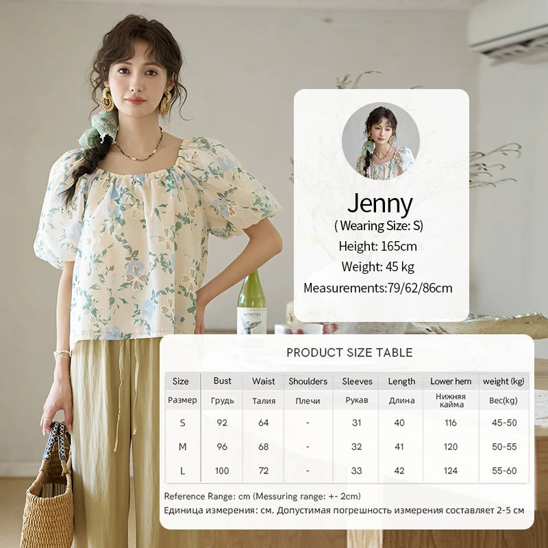 MISHOW Floral Hollow Blouse Square Collar Puff Sleeve MXD29X1602