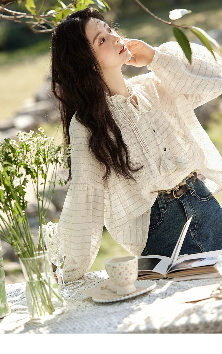 MISHOW French Striped Blouse Lace Collar Chiffon MXE12C0387