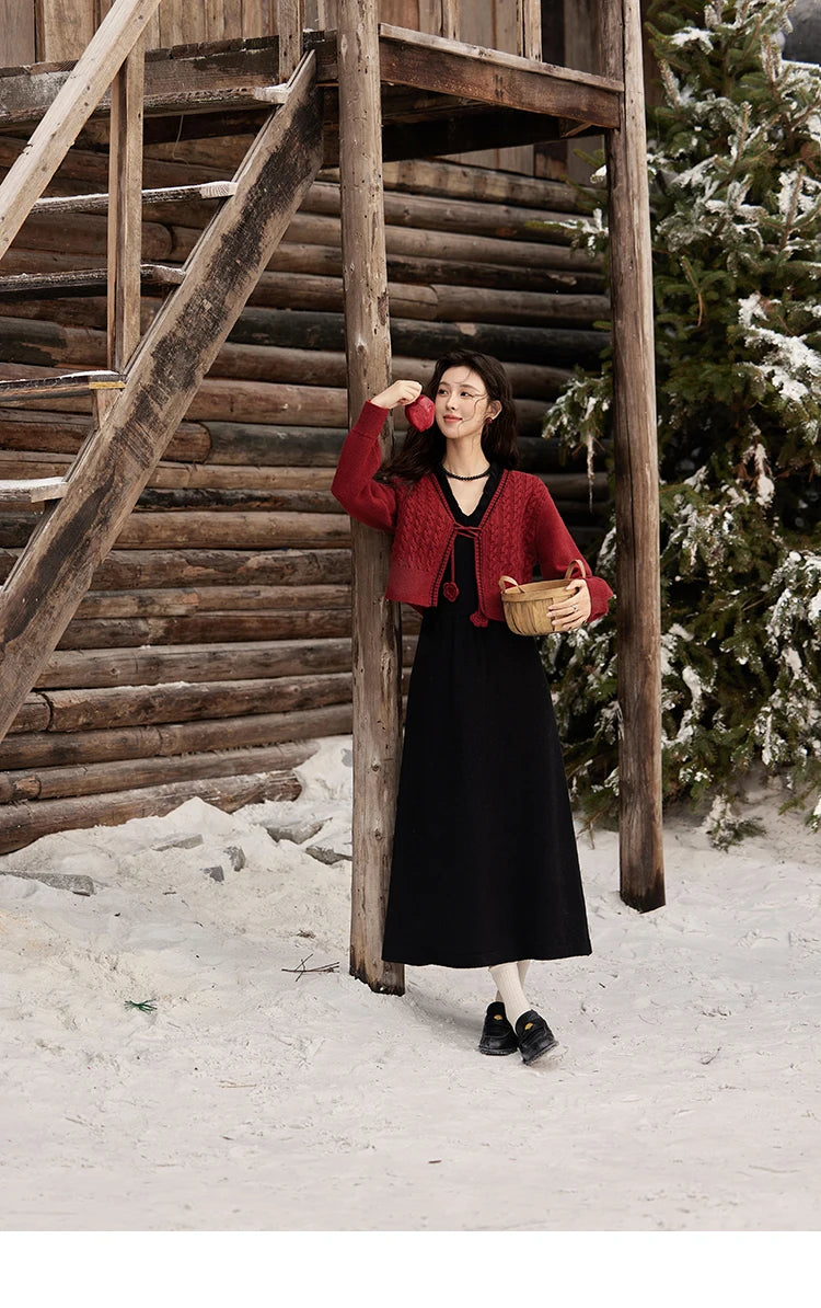 Mishow Red Knitted Cardigan & V-Neck Midi Dress Set MXD58L2085