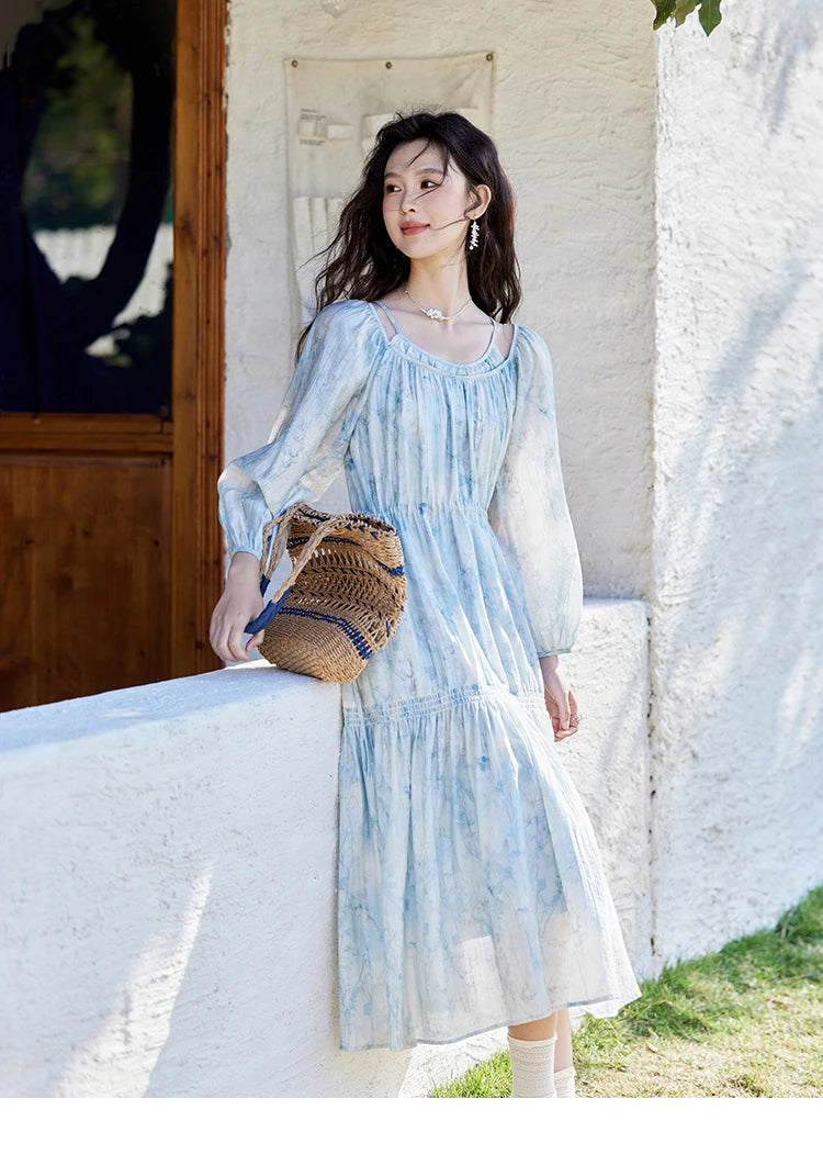 Mishow Blue Floral Chiffon Drawstring Lantern Sleeve Dress MXE16L2114