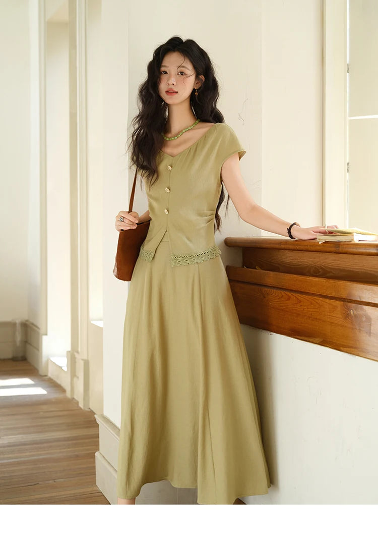 Mishow V-Neck Lace Hollow Top & Pocket A-Line Skirt Set MXE39T0665