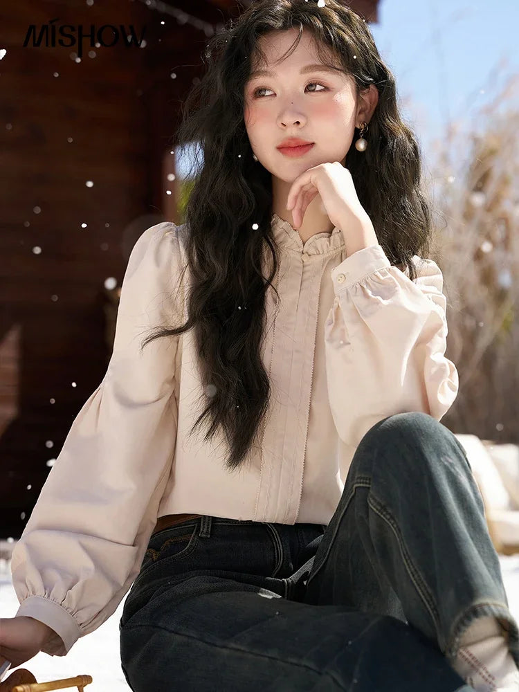 MISHOW Button Up Lantern Sleeve Shirt Ruffle Neck MXC56X1320