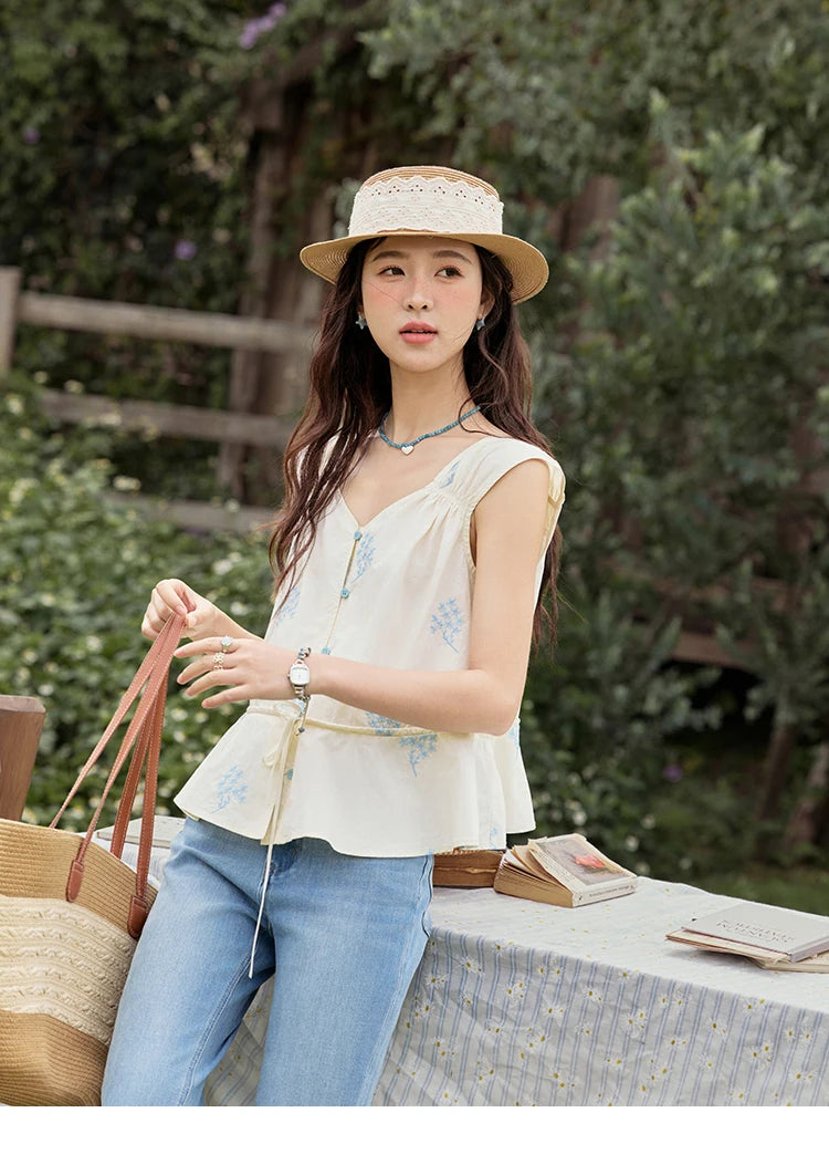 MISHOW Print Sleeveless V-Neck Blouse Blue Flower Cotton MXE32X1777