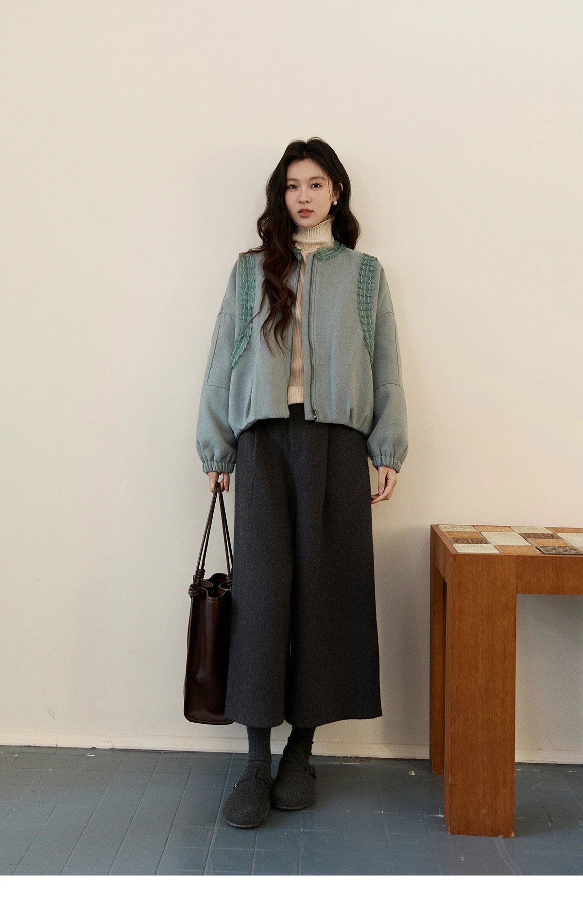 Mishow Light Blue Lace Trim Puff Sleeve Down Coat MXE94W1048