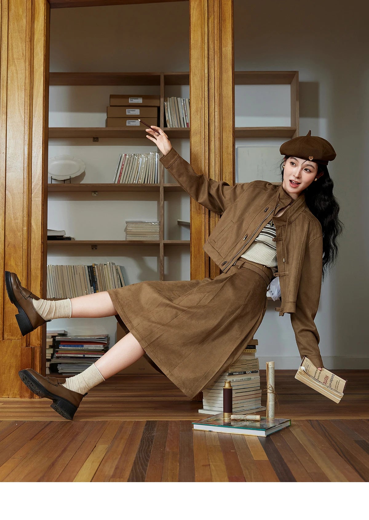 Mishow Retro Suede Stand Collar Jacket & Pleated Skirt Set MXD44W0423
