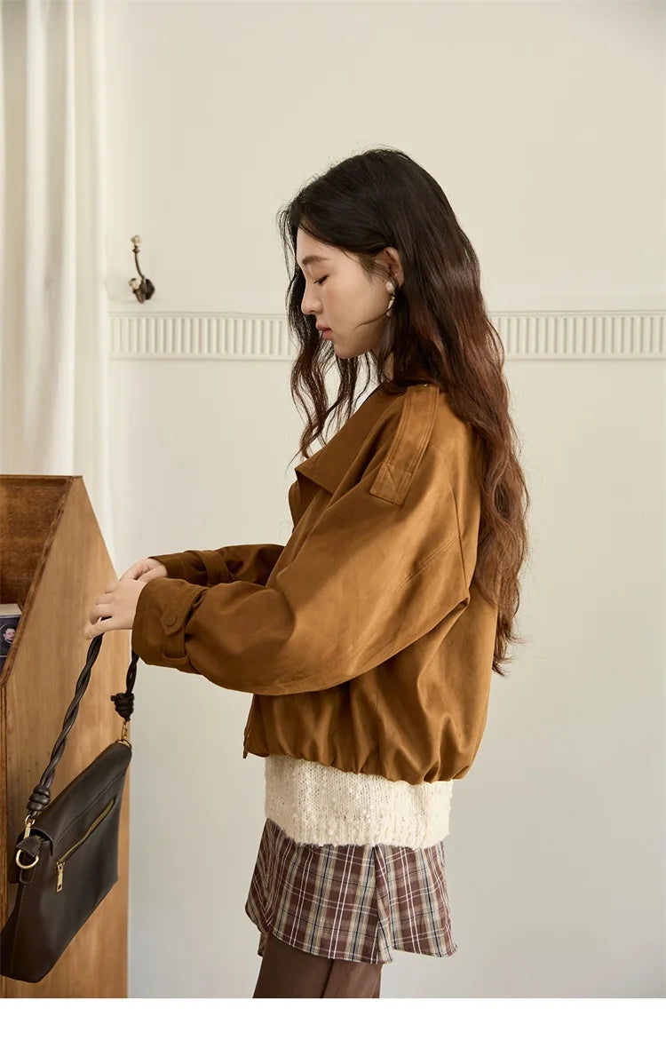 MISHOW Vintage Suede Short Jacket Brown Lapel Zipper MXE45W0869