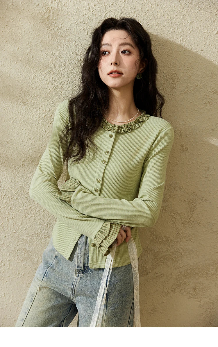 Mishow Green Plaid Lotus Leaf Sleeve Tee MXE14Z1152