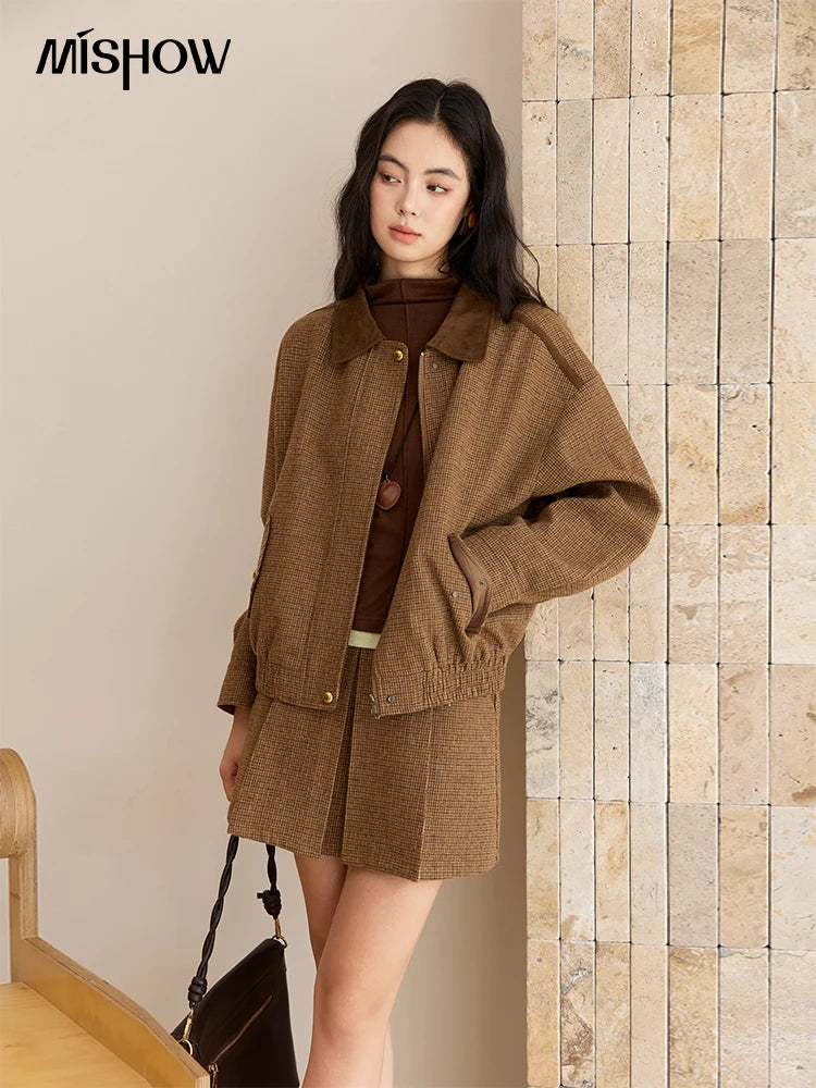 Mishow Plaid Zipper Jacket & Mini Pleated Skirt Set MXE49T1393