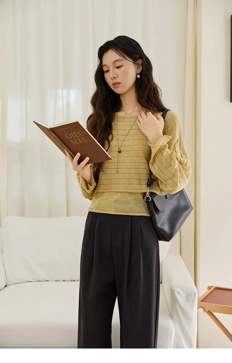 Mishow Striped Hanging Neck Top & Wool Blend Set MXE46T1399