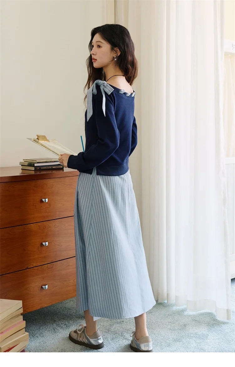 Mishow Blue Navy Slash Neck Contrast Lace Dress MXE45L2516