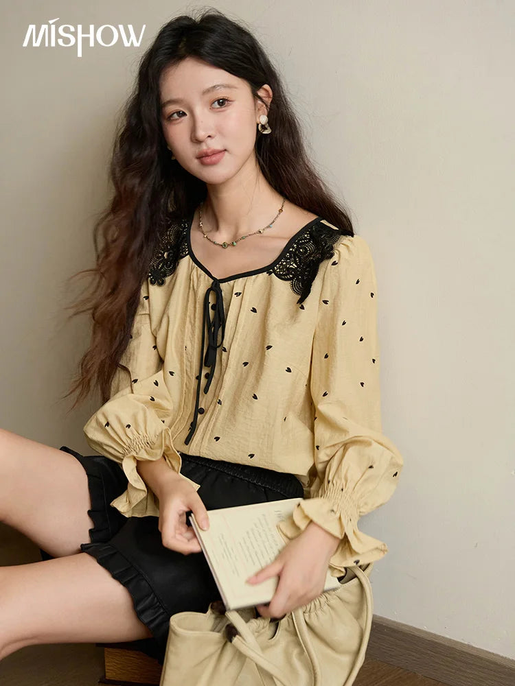 MISHOW Yellow Heart Print Shirt Lace Hollow Collar Bubble Sleeve MXE41X1949