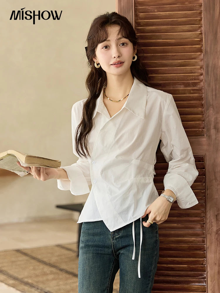 MISHOW French Side Placket Asymmetric Shirt Pleated Waist Lapel MXD45C0357