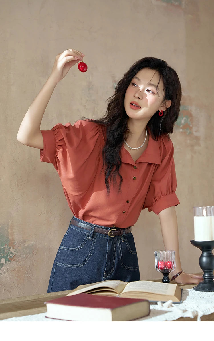 MISHOW Short Sleeve Blouse Lapel Simple Loose Fit MXD28C0247
